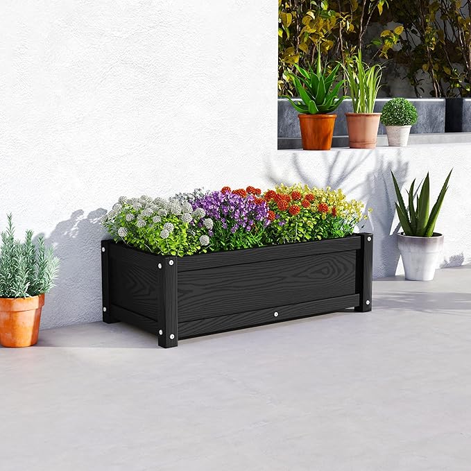 HDPE Planter Box All-Weather Outdoor Garden Bed Easy to Assemble Drainage System Low Maintenance Non-Fading for Flower/Herb/Seed (Black)