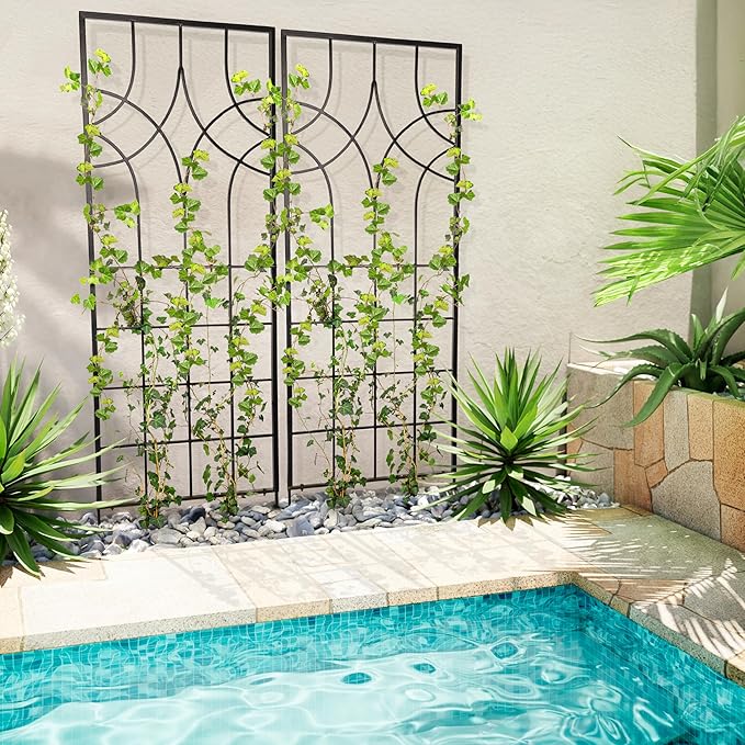 H Potter Garden Trellis Geometric Wrought Iron Heavy Duty Metal Panel Screen (Black Large)