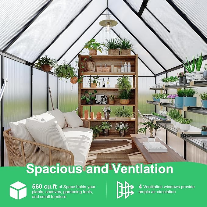 6x7 ft Greenhouse Aluminum-Framed Greenhouse for Outdoors Large Walk-in Green House with Quick Setup Structure and Roof Vent for Outside Garden Backyard Patio Lawn Silver