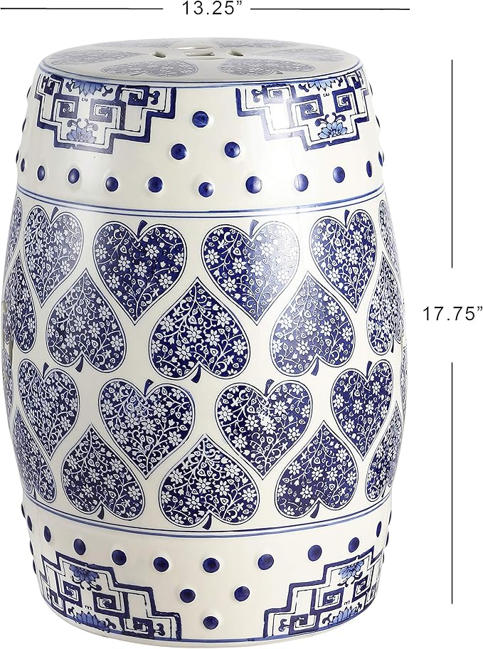 JONATHAN Y TBL1014A Happy Hearts 17.8 Chinoiserie Ceramic Drum Indoor/Outdoor Garden Stool Bohemian Coastal Cottage French Country Traditional Side Table Plant Stand Spill-Proof Blue/White