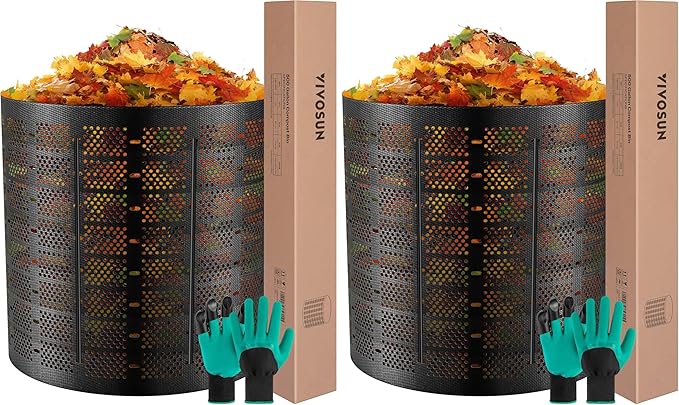 VIVOSUN 500 Gallon Outdoor Compost Bin Expandable Composter Easy to Setup &amp Large Capacity for Backyard Lawn (Black with Gloves) (Pack of 2)