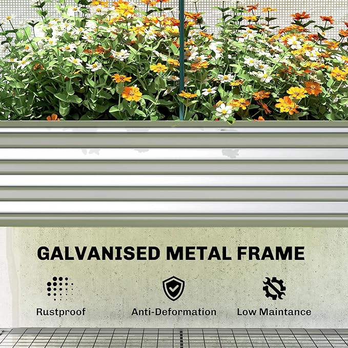 Outsunny Galvanised Raised Garden Bed with Greenhouse Cover Metal Elevated Garden Bed with Legs Bed Liner and Bottom Shelf Outdoor Raised Planter Box for Vegetables Herbs Flowers Silver