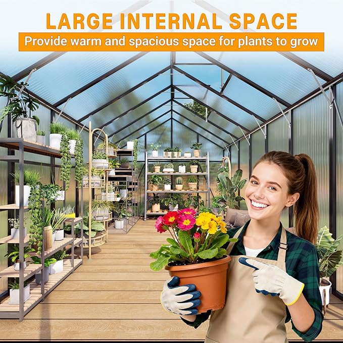 104in High 10x14FT Greenhouse for Outdoors Polycarbonate Greenhouses with Stronger Wind Protection and Roof Vent Walk-in Large Aluminum Winter-Proof Sunroom Black