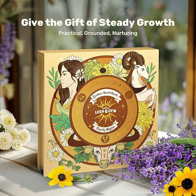 LUSH&ampDEW Zodiac Garden Seed Bank 12 Varieties Non-GMO USA-Sourced Heirloom Herb Flower Seeds with Moon Calendar Gardening Gift for Women Men Witchcraft Supplies Earth Sign (Taurus Virgo Capric