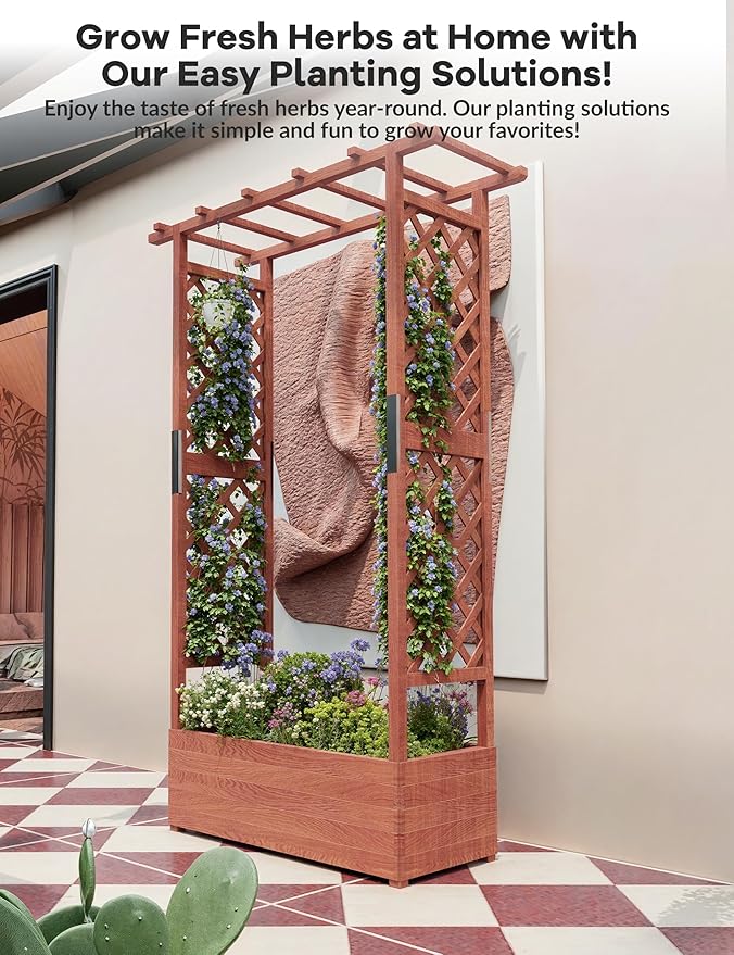 Elevated Wooden Planter Box with Arch &amp Side Trellis – Raised Garden Bed for Climbing Plants Vines Flowers – Hanging Roof 4 Drainage Holes Freestanding – Patio/Deck – Size: