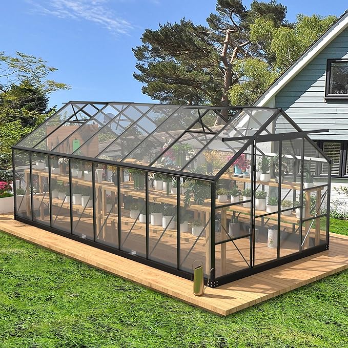 Greenhouses for Outdoors 8x16 FT Polycarbonate Greenhouses with 4 Adjustable Roof Vents Walk-in Aluminum Frame Green Houses for Outside with Sliding Doors Windproof