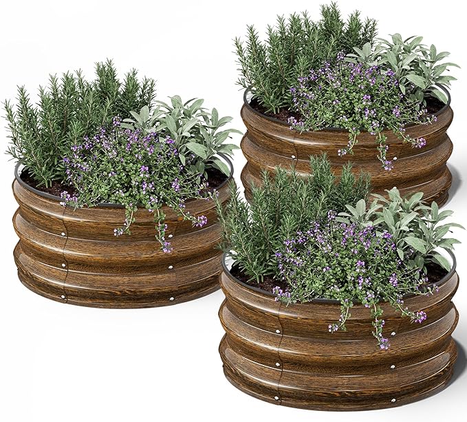 Kesfitt Round Metal Raised Garden Bed 2x2x1 FT 12-Inch Deep Galvanized Steel Garden Bed with Open Bottom for Vegetables &amp Herbs Walnut Finish 3 Pack