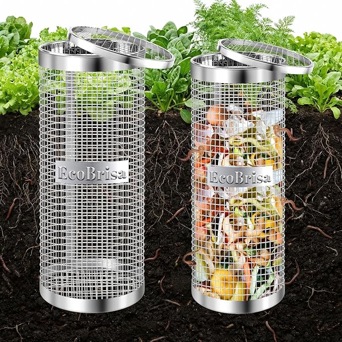 2 Pack Inground Worm Composting Bin Metal Compost Bin for Recycling Kitchen Food Waste Outdoor Worm Compost Bin with Holes and Lid Use in Outdoor Garden Vegetable Patch Backyard