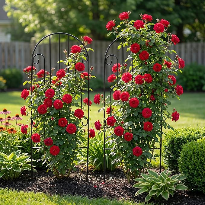 SCENDOR 2 Pack Arched Metal Garden Trellis for Climbing Plants 45 H x 15.9 W – Rustproof Iron Trellis with Decorative Scrollwork Perfect for Roses Clematis Vines and Patio Decor
