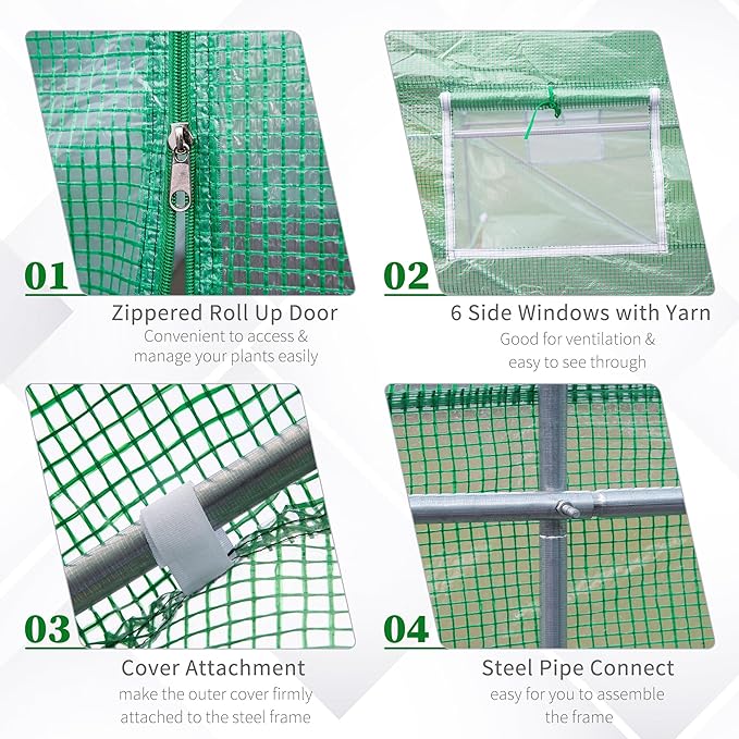 Outsunny 11.5' x 10' x 6.5' Outdoor Walk-in Greenhouse Tunnel Green House with Roll-up Windows Zippered Door PE Cover Heavy Duty Steel Frame Green