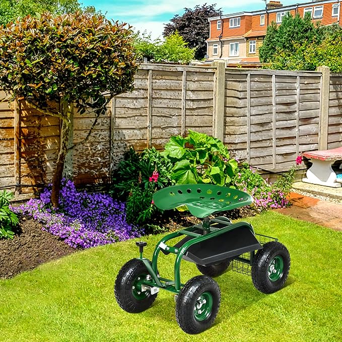 Giantex Garden Cart with Seat Rolling Garden Seat with Wheels Tools Basket 360 Swivel Gardening Workseat Adjustable Height Wagon Scooter for Patio Lawn Yard Outdoor Steerable Stool (Green)