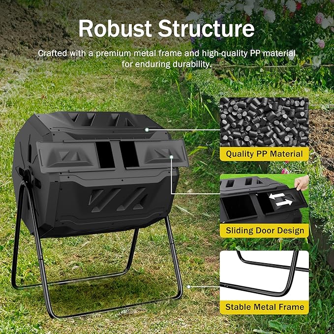 JupiterForce 43 Gallon Compost Bin Outdoor Dual Chamber Composter Tumbler 360° Rotating Tumbling Composter with 2 Sliding Doors for Kitchen Garden and Yard Waste Black (BPA Free)