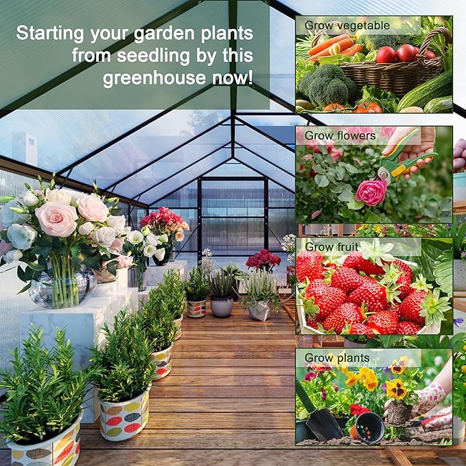 8X10 FT Greenhouses for Outdoors Aluminum Large Polycarbonate Greenhouse Quick Setup Walk in Green House with Roof Vent and Swing Lockable Door for Outside Black (119 W x 96 D x 77 H)