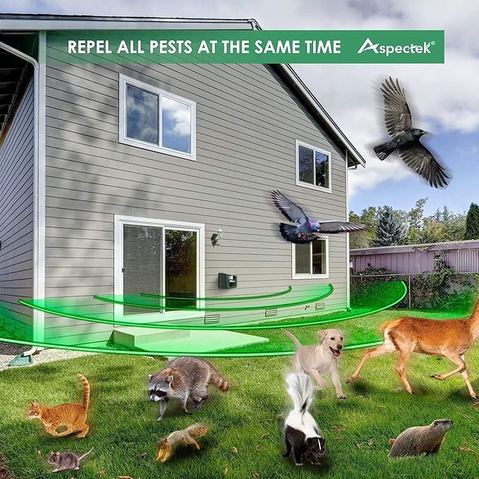 ASPECTEK Includes AC Adapter Extension Cord Pest Repeller Yard Sentinel 2 Pack Outdoor Ultrasonic Animal Control Green Sound Frequency:15 kHz -18 kHz