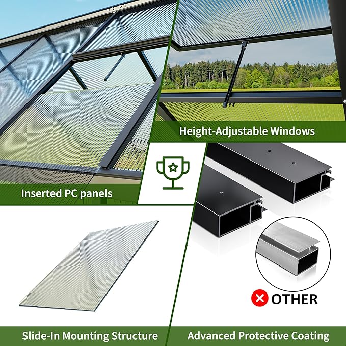 WKM 4x6 FT Greenhouse for Outdoors Quick-fit Structure Polycarbonate Green House with Window for Ventilation Walk-in Aluminum Greenhouse for Outsides Garden Backyard Black