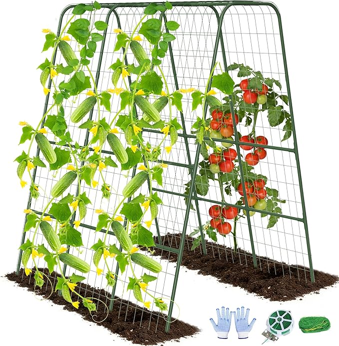 Cucumber Trellis for Raised Bed 63 Heavy Duty U-Shape Garden Trellis for Climbing Plants Outdoor Rustproof Plastic Metal Arch Vegetables Trellis Plant Support for Vine Fruits Beans and Flowers
