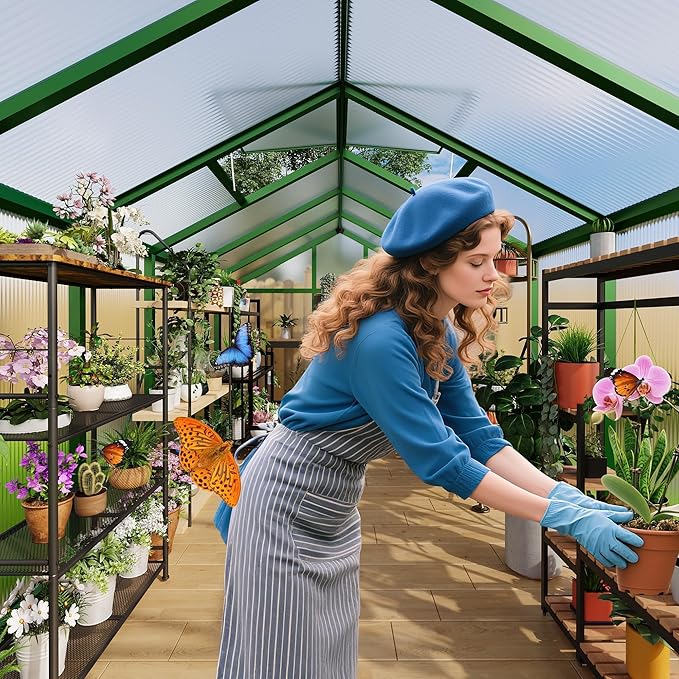 6x8 FT Outdoor Walk-in Greenhouse with Ground Nails &amp Vent Windows – Polycarbonate Greenhouses Sliding Lockable Door Quick Setup for Garden Backyard (Green)