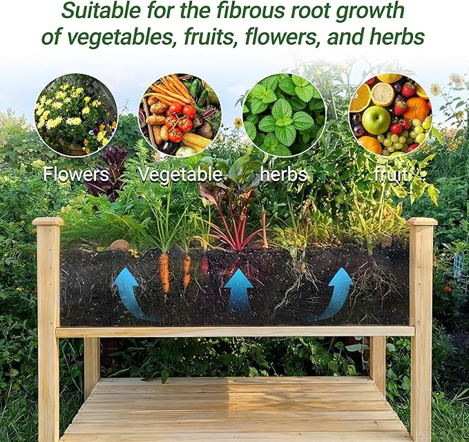 48 x 23 x 31 Inches Raised Garden Bed with Legs Elevated Wooden Planter Box for Outdoor Plants with Water Collection Tray Storage Shelf Protective Liner Natural