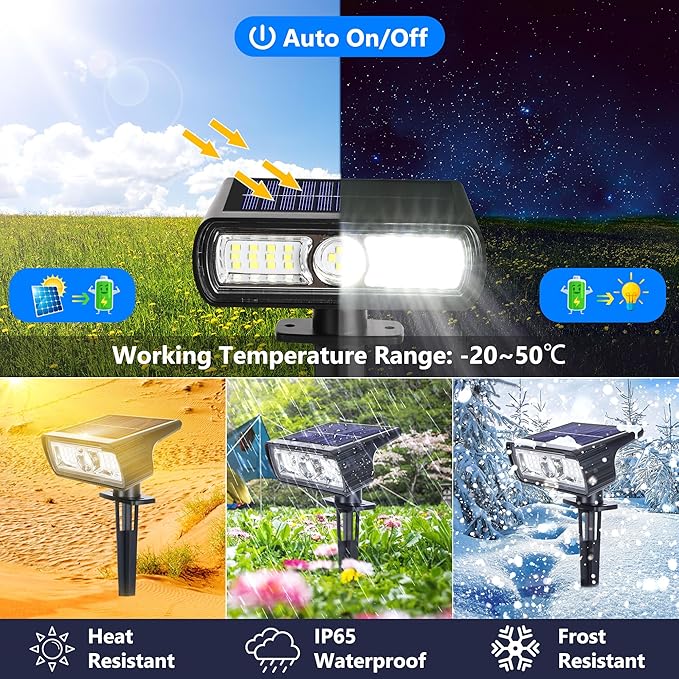 Toodour Solar Spot Light Outdoor 6 Pack Solar Lights Outdoor with 2 Modes Waterproof Solar Powered Flood Lights Landscape Lighting for Yard Garden Home Pathway Walkway Outdoor Decor - Cool White