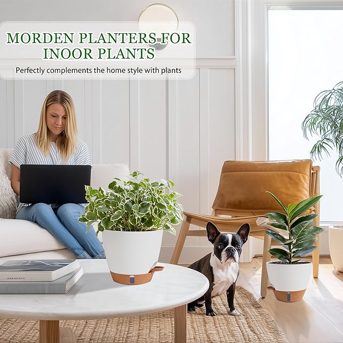Self Watering Pots for Inoor Ourdoor Plants 10/9/8/7/6.5 Inch Plastic Planters with Drainage Holes &amp Water Level Indicator Decorative House Flower Nursery Planting Pots with Saucers ((White)