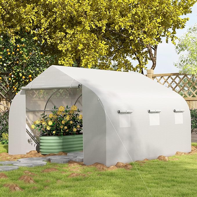 Outsunny 11.5' x 10' x 6.5' Outdoor Walk-in Greenhouse Tunnel Green House with Roll-up Windows Zippered Door PE Cover Heavy Duty Steel Frame White