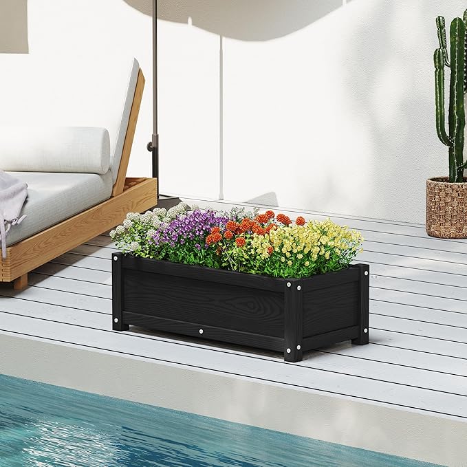 HDPE Planter Box All-Weather Outdoor Garden Bed Easy to Assemble Drainage System Low Maintenance Non-Fading for Flower/Herb/Seed (Black)