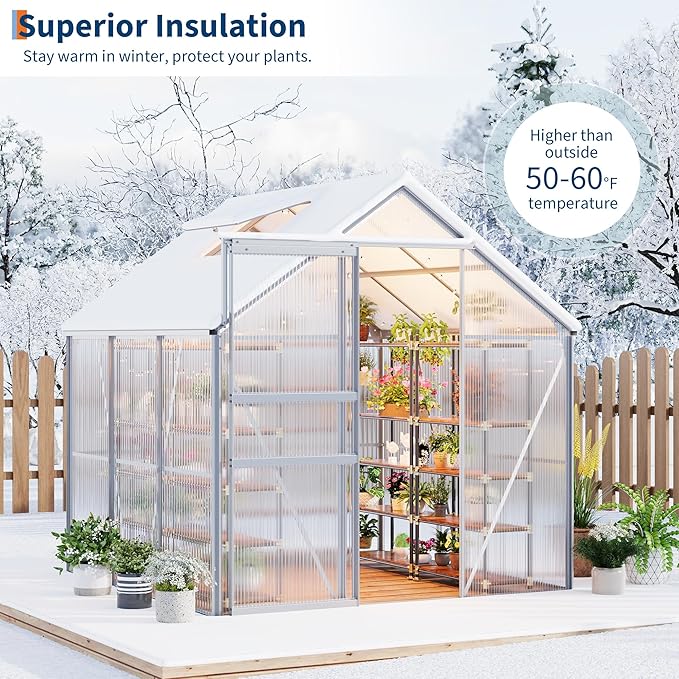 GarveeHome 6x6 FT Walk-in Greenhouse Large Polycarbonate Green House with Sliding Door &amp Adjustable Roof Vent Heavy-Duty Weatherproof Outdoor Greenhouse for Patio Backyard Garden