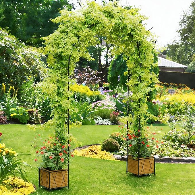 Metal Garden Arch Trellis for Climbing Plants Outdoor 8.2FT Garden Arbors Archway Arched Trellis with Planter Boxes Wedding Arches for Ceremony Arch Backdrop Stands for Party Decorations Black