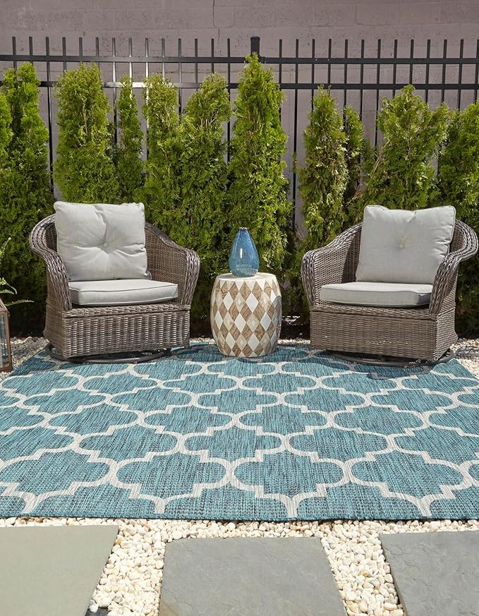 Unique Loom Outdoor Trellis Collection Area Rug (7' 10 Square Teal/ Gray)