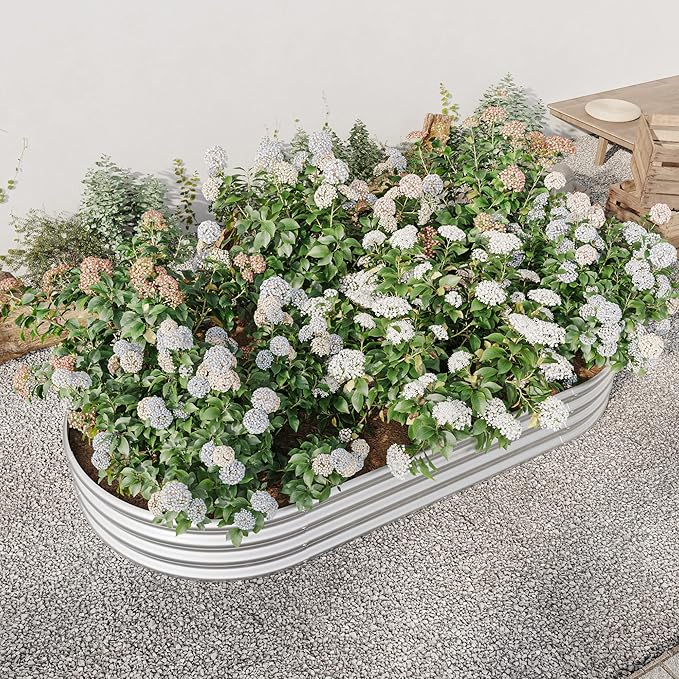 Raised Garden Bed Outdoor Oval Large Metal Raised Planter Bed for for Plants Vegetables and Flowers Silver ES447