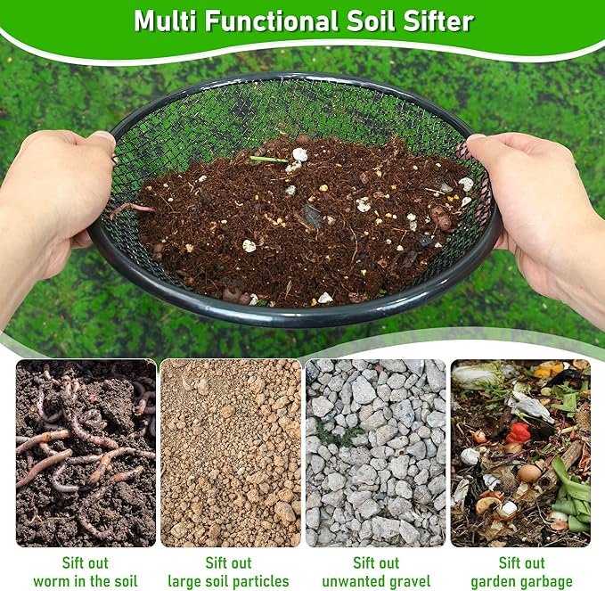3Pcs 11.8 W Soil Sifter for Gardening 246mm Grid Rock Sifter for 5 Gallon Bucket Stainless Steel Fine Dirt Sifter Compost Sifter for Capturing Dirt Sand Rocks and Filtering Compost (Black)