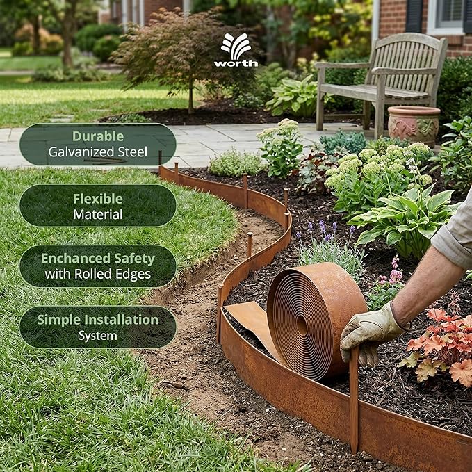 Worth Galvanized Steel Landscape Edging Roll Flexible Metal Garden Border Fence with 8 Stakes for Lawn Flower Bed Yard 6 Inch x 25 Foot Rust
