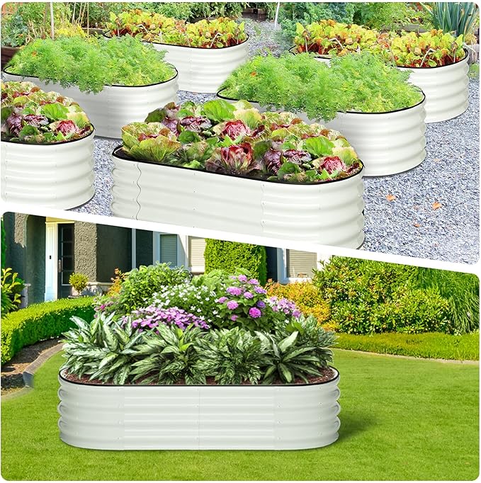 4.5x2x1.5FT Oval Galvanized Steel Raised Garden Beds 2-Pack Large Outdoor Metal Planter Boxes with Open Base and Safety Edge Tool-Free Assembly Weather-Resistant for Vegetables Flowers Herbs White