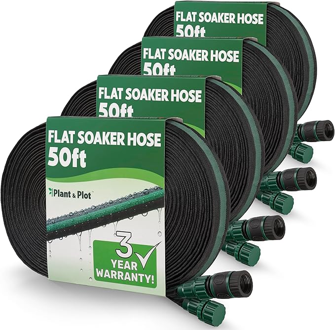 Flat Soaker Hose 200ft (50ft 4-Pack) for Garden // Drip Hose for Garden Beds Lawns and Trees // Heavy Duty Leakproof Design with Quick Connect // Linkable Irrigation System for Vegetables and Flowers