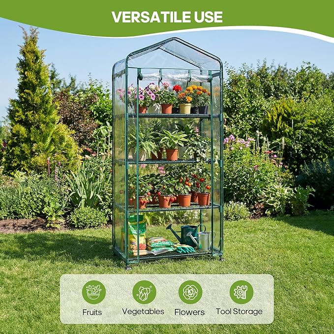 OLIXIS Greenhouse 27×19×63 4 Tier Green House with PVC Cover Roll-Up Zipper Door Wheels Portable Greenhouses for Indoor Outdoor Balcony Porch Garden Patio Backyard Green Houses (Clear)