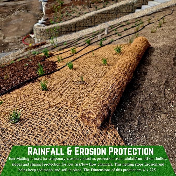 Farm Plastic Supply 100% Biodegradable Jute Erosion Control - 4' x 225' - Soil Saver Mesh Blanket Erosion Control Jute Netting Erosion Control Erosion Control Blanket (1 Roll - 4' x 225')