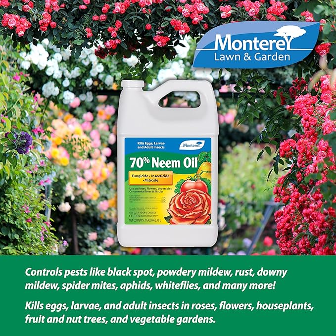 Monterey 70% Neem Oil Bundled with Measuring Spoon - Organic Gardening Fungicide Insecticide Miticide - Kills Eggs Larvae and Insects - 1 Gallon