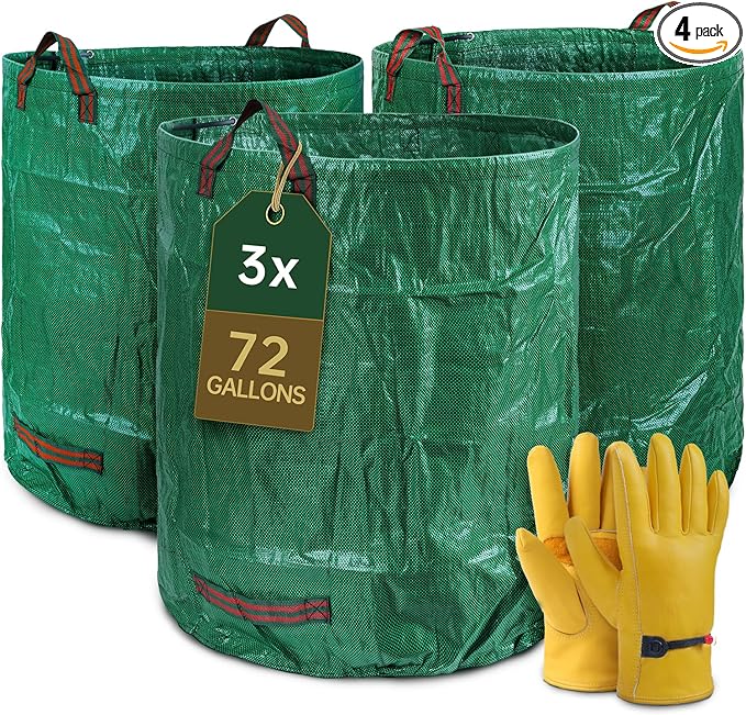 72 Gallon Reusable Yard Waste Bags (3 Pack) Heavy Duty Stand-Up Leaf &amp Lawn Bags 150 GSM Woven PP (PE Coated) Double-Layer Bottom Top &amp Bottom Reinforced Handles Cowhide Gloves Included