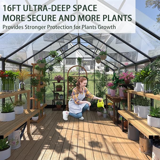 Polycarbonate Greenhouses 8x16 FT Green Houses for Outside with Adjustable Roof Vents Walk-in Aluminum Frame Greenhouse for Outdoor(8x16FT)