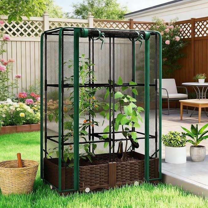 Modular Crop Cage &amp Raised Bed Combo Quick-Assemble Gardening System for Patio or Yard - Removable Cover Adjustable Height Plant Cage for Seasonal Use on a Versatile Garden Box (Green)
