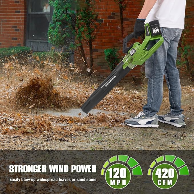 40V Cordless Leaf Blower 420CFM/120MPH Electric Leaf Blower with 2 * 2.0Ah Battery 5 Speed Levels &amp Trubo Mode Powerful Leaf blowers for Lawn CareYardBlowing Leaves Dust SnowGreen