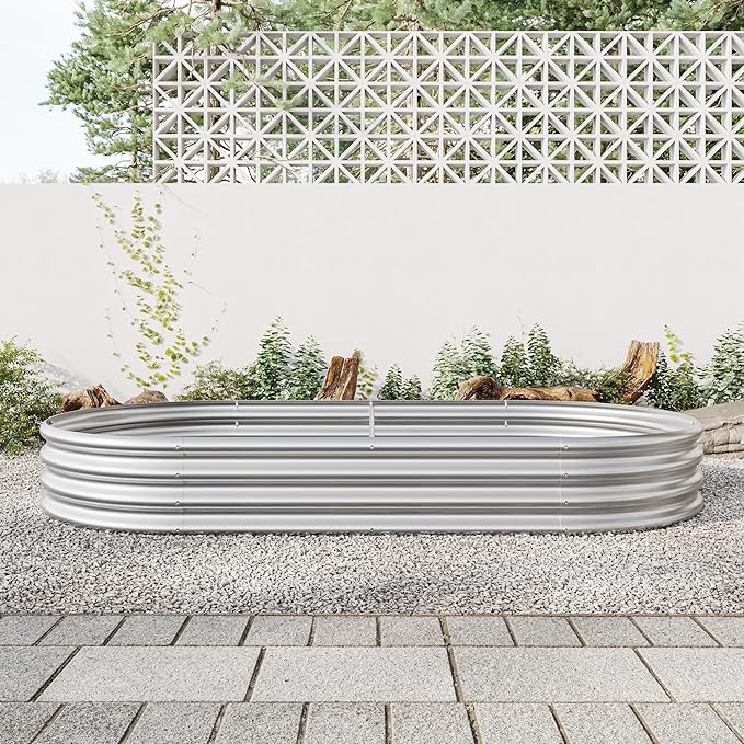 Raised Garden Bed Outdoor Oval Large Metal Raised Planter Bed for for Plants Vegetables and Flowers Silver ES447