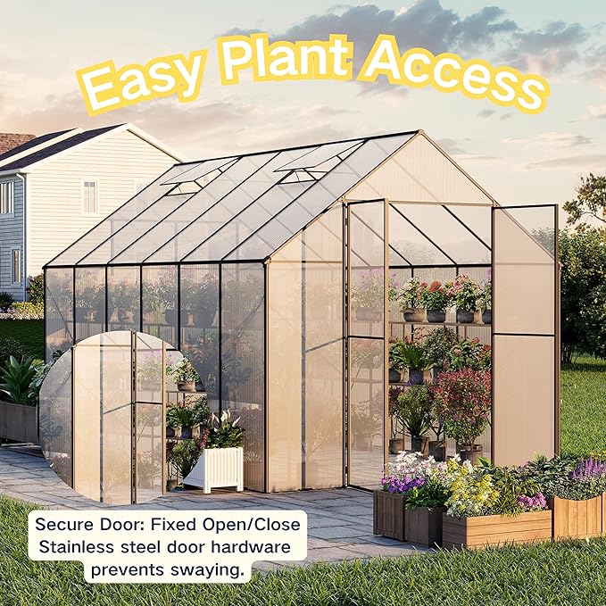 Kingdura 8x12ft Walk-in Greenhouse for Outdoors Large Polycarbonate Greenhouses with Heavy Duty Aluminum Frame Adjustable Roof Vent Lockable Door UV Protection for Outside Garden Backyard