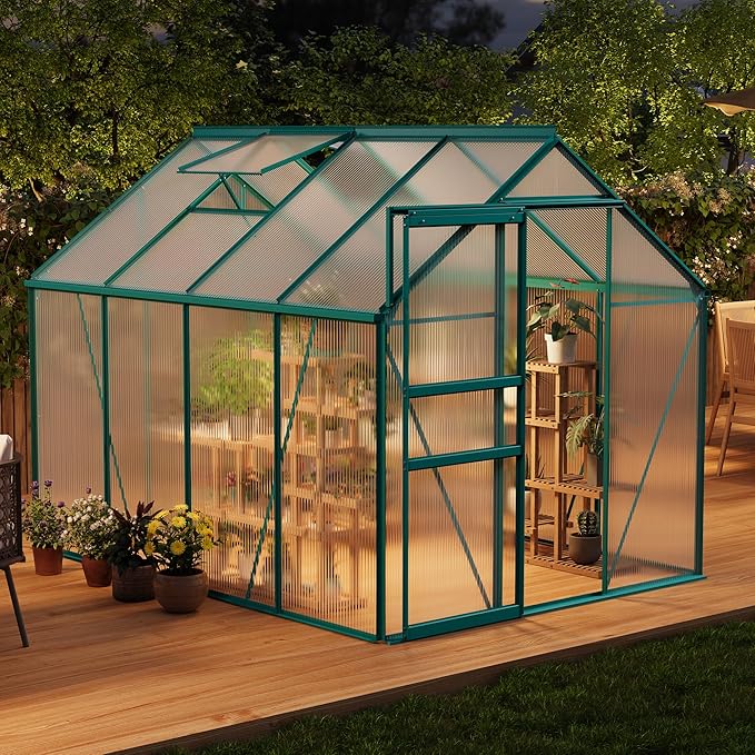 CABIHOME 6 x 6 FT Greenhouses for Outside Polycarbonate Greenhouse with Aluminum Frame Sliding Door Adjustable Roof Vent Backyard Green Houses Patio Garden Black (Green 6x8 FT)