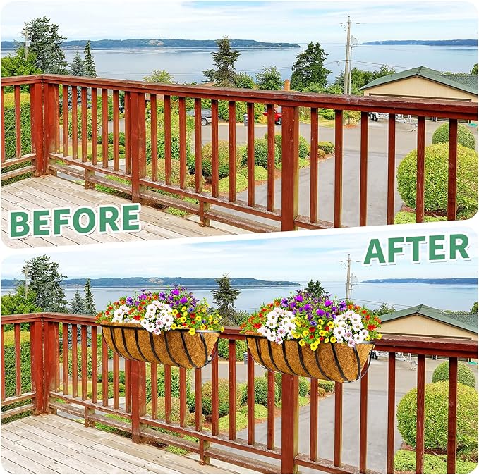 Tessco for you 6 Pieces Railing Planter Boxes 24 Inches Window Box Planters with Coco Liner and Adjustable Brackets for Deck Porch Fence Patio Balcony Gardening Outdoor Plants