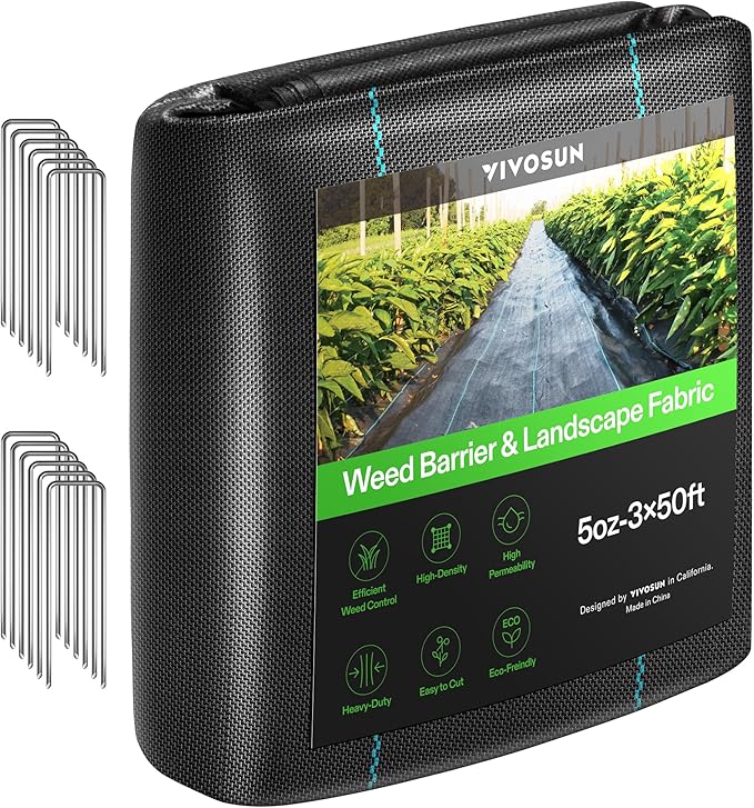 VIVOSUN Premium Weed Barrier Landscape Fabric Heavy Duty 3ftx50ft 5oz Double-Layered Weed Control Mat with High Permeability with 12 Landscape Staples Easy Set up &amp Superior Weed Control
