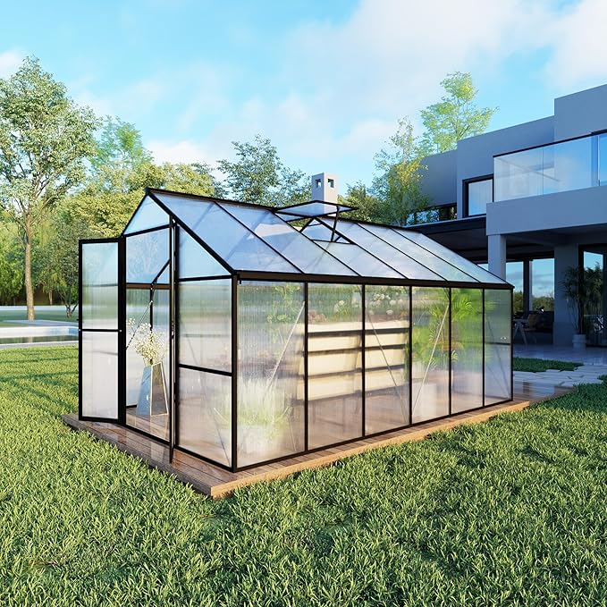 8X12 FT Polycarbonate Greenhouse 6 FT Height Aluminum Large Green Houses for Outside Heavy Duty Quick Setup Walk in Greenhouses with 2 Roof Vent and Rain Gutter for Outdoor Black (143Wx96Dx77H)