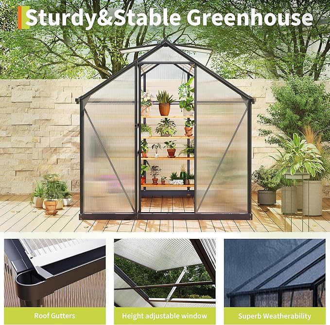 Greenhouses for Outdoors Polycarbonate Greenhouse with Quick Setup Structure &amp Roof Vent Heavy Duty Frame Walk-in Green Houses for Outside Garden Backyard
