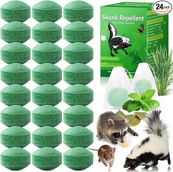 24 Pack Peppermint Skunk Repellent Raccoon Repellent Ball for House Garage Garden Indoor Raccoon Deterrent for Outdoor Keep Skunks and Raccoons Out Natural Ingredients Pet Safe Dark Green