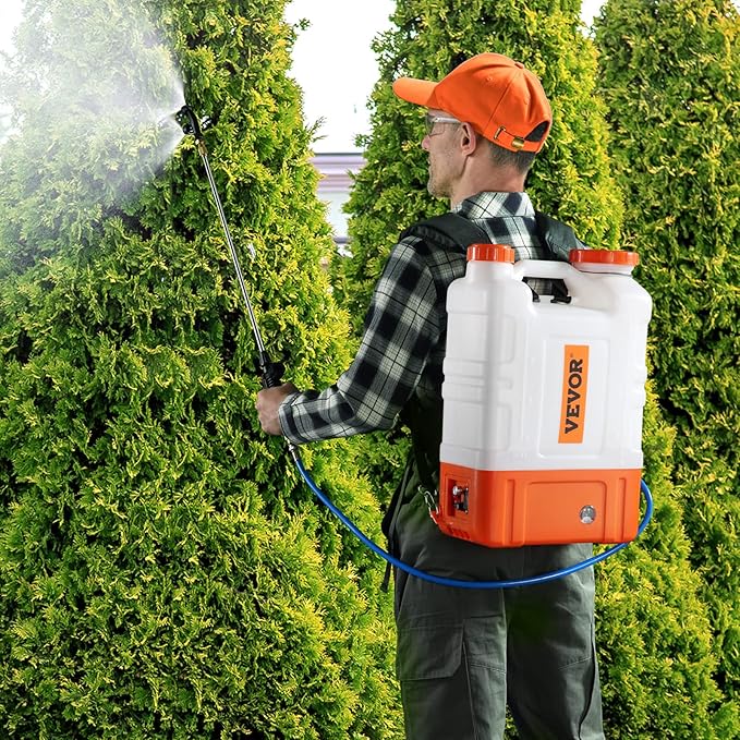 VEVOR 4 Gallon Battery Powered Backpack Sprayer with Wheeled Cart Adjustable 0-94 PSI 13FT Hose 6 Nozzles 2 Wands Included Wide Mouth Lid for Weeding Cleaning Long Spray Time Without Fatigue